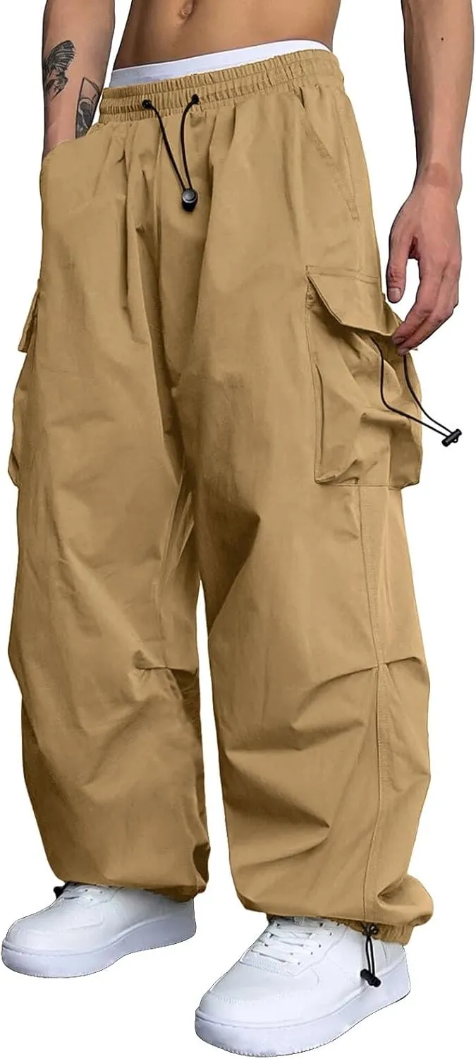 Men's Cargo Pants Loose Fit Casual Joggers Drawstring Elastic Waist Track Pants Multi Pockets
