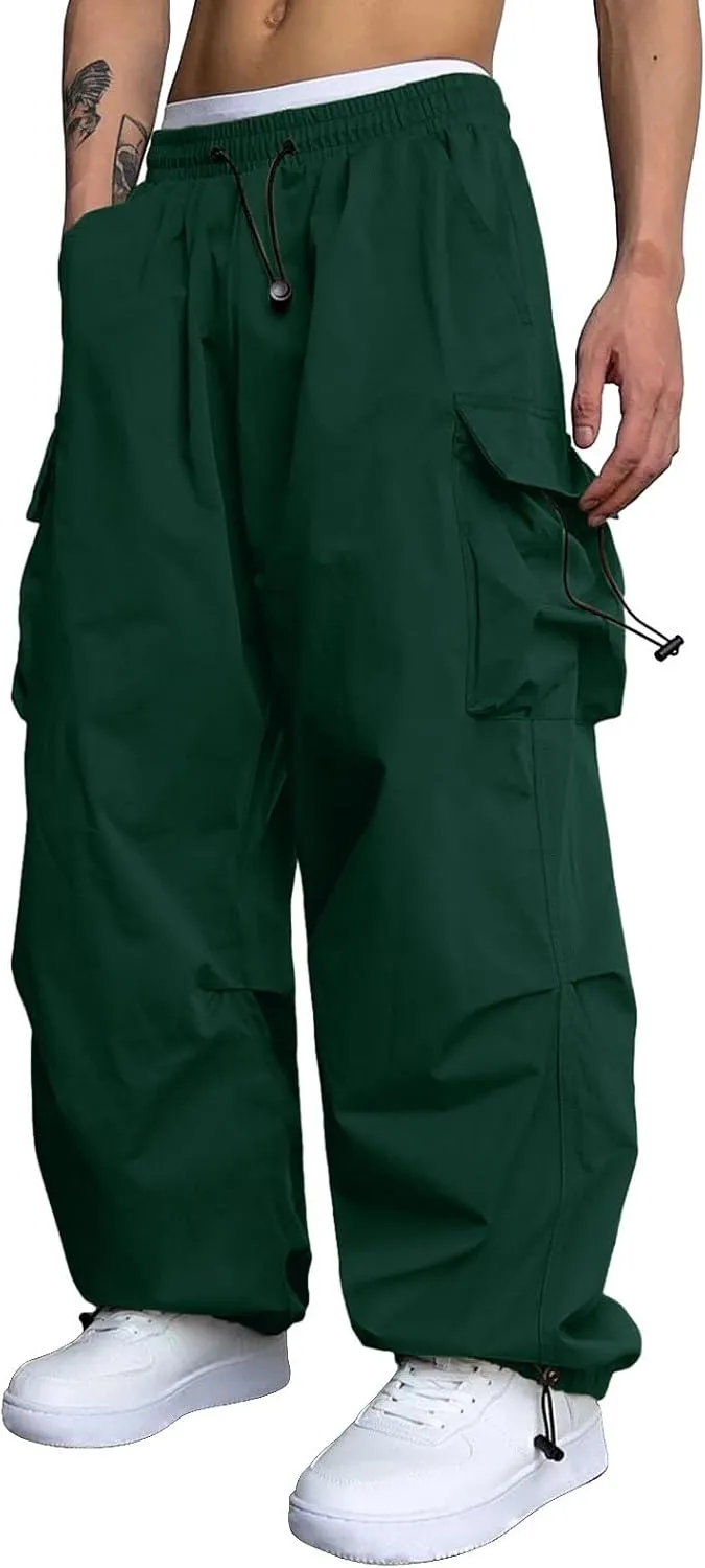 Men's Cargo Pants Loose Fit Casual Joggers Drawstring Elastic Waist Track Pants Multi Pockets