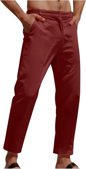 Men's Casual Pants Linen Pants Relaxed-Fit Beach Trousers Summer Yoga Pants Drawstring Elastic Waist Pants