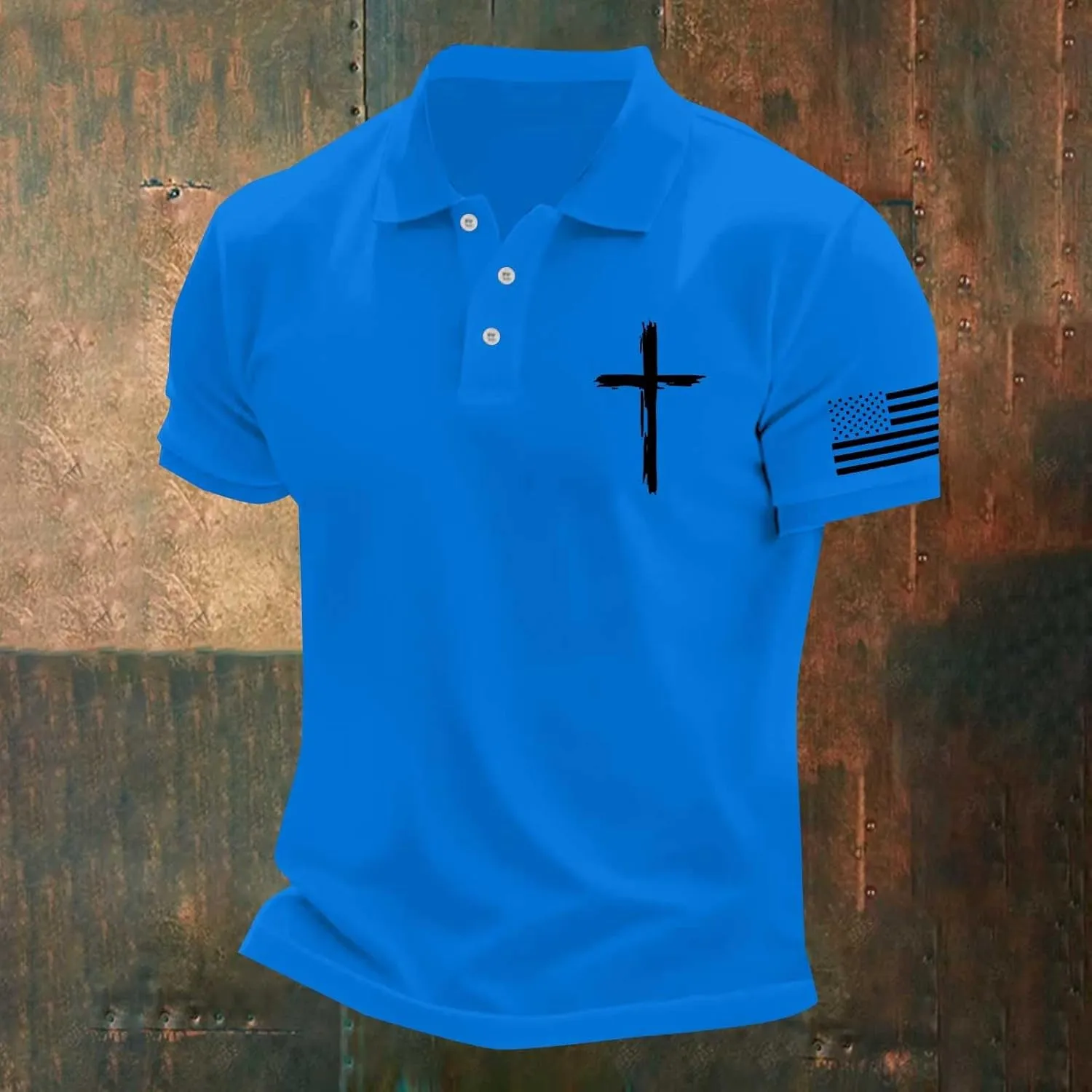 Mens Christian Cross Polo Shirts American Flag Short Sleeve Golf Clothes 4th of July USA Flag Casual Patriotic Tops