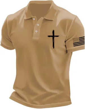 Mens Christian Cross Polo Shirts American Flag Short Sleeve Golf Clothes 4th of July USA Flag Casual Patriotic Tops