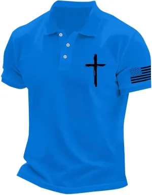 Mens Christian Cross Polo Shirts American Flag Short Sleeve Golf Clothes 4th of July USA Flag Casual Patriotic Tops