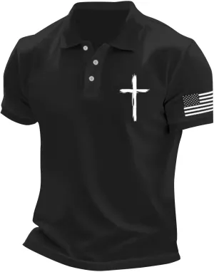Mens Christian Cross Polo Shirts American Flag Short Sleeve Golf Clothes 4th of July USA Flag Casual Patriotic Tops