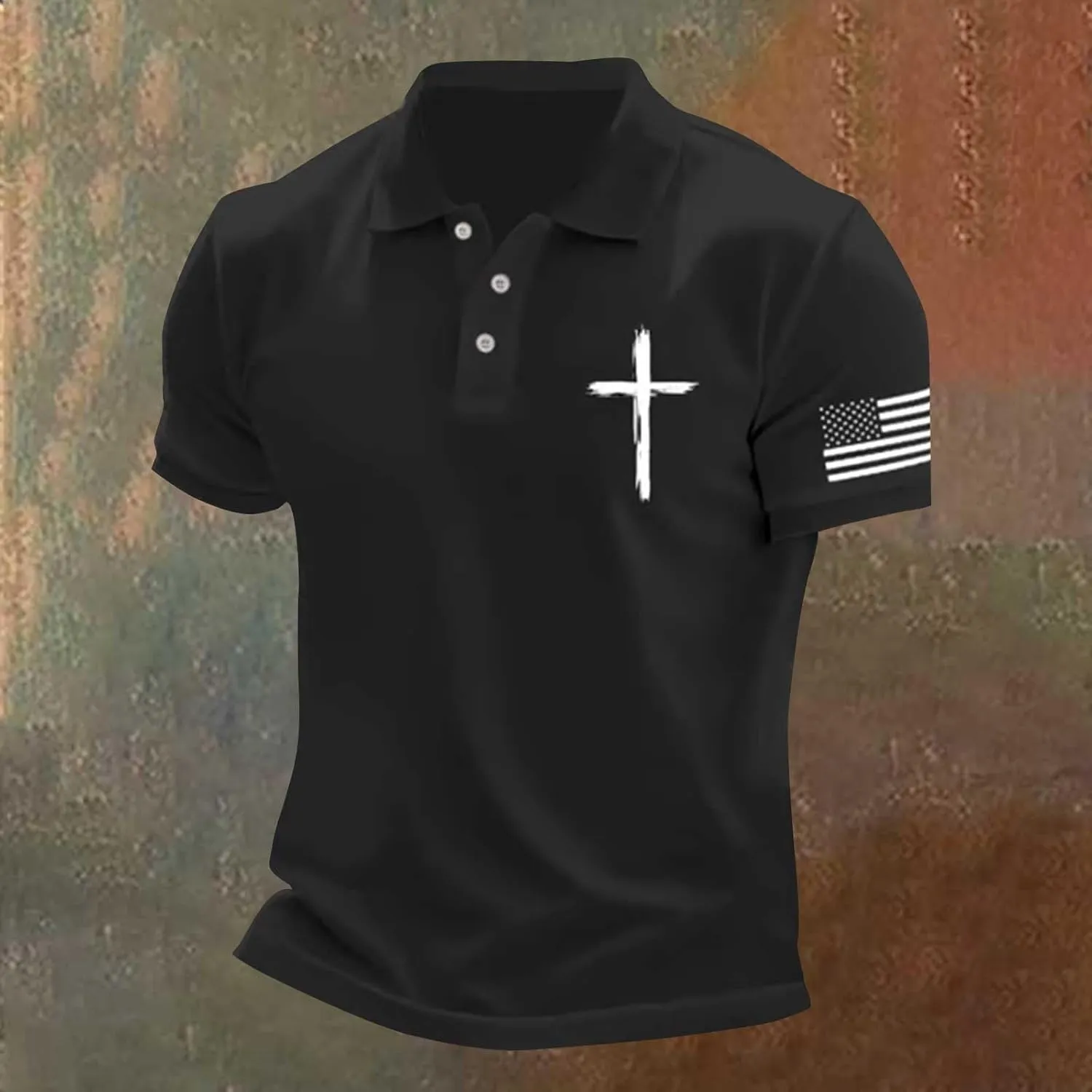 Mens Christian Cross Polo Shirts American Flag Short Sleeve Golf Clothes 4th of July USA Flag Casual Patriotic Tops