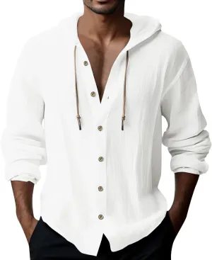 Mens Cotton Linen Shirts Long Sleeve Lightweight Casual Button Drawstring Tee Tops Casual Breathable Summer Beach Hoodie