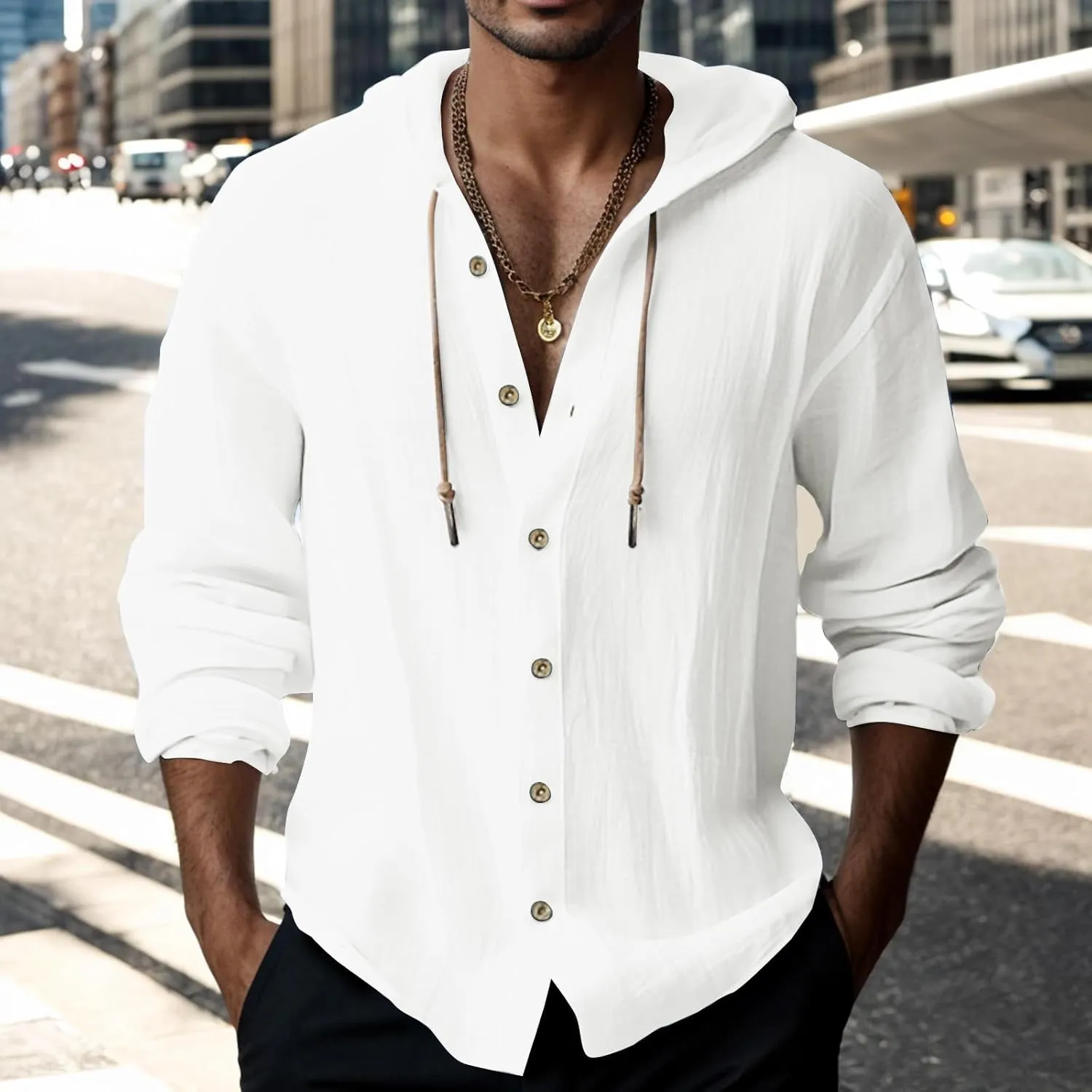 Mens Cotton Linen Shirts Long Sleeve Lightweight Casual Button Drawstring Tee Tops Casual Breathable Summer Beach Hoodie