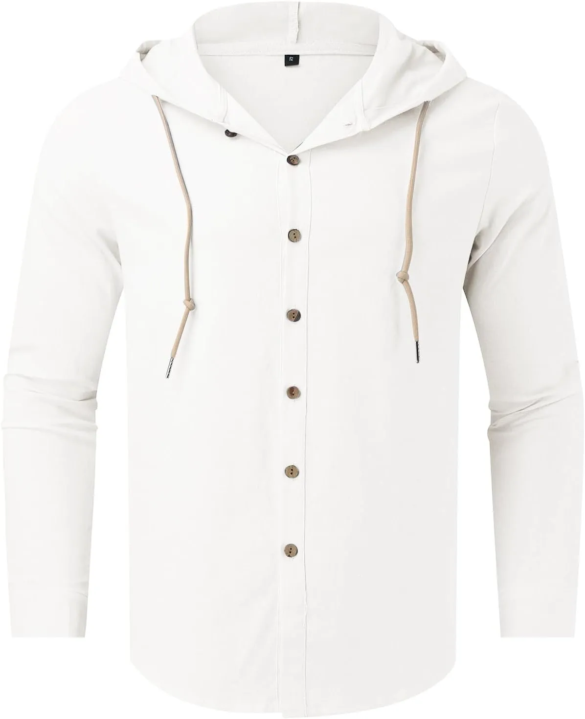Mens Cotton Linen Shirts Long Sleeve Lightweight Casual Button Drawstring Tee Tops Casual Breathable Summer Beach Hoodie