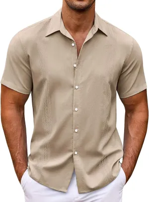 Men's Cuban Guayabera Shirt Short Sleeve Button Down Big Tall Shirts Loose Fit Casual Summer Beach Hippie Shirts
