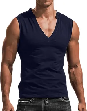 Mens Deep V Neck Tank Tops, Stretch Muscle Gym Workout Sleeveless Slim Fit Low Cut Tank Tops for Summer Beach