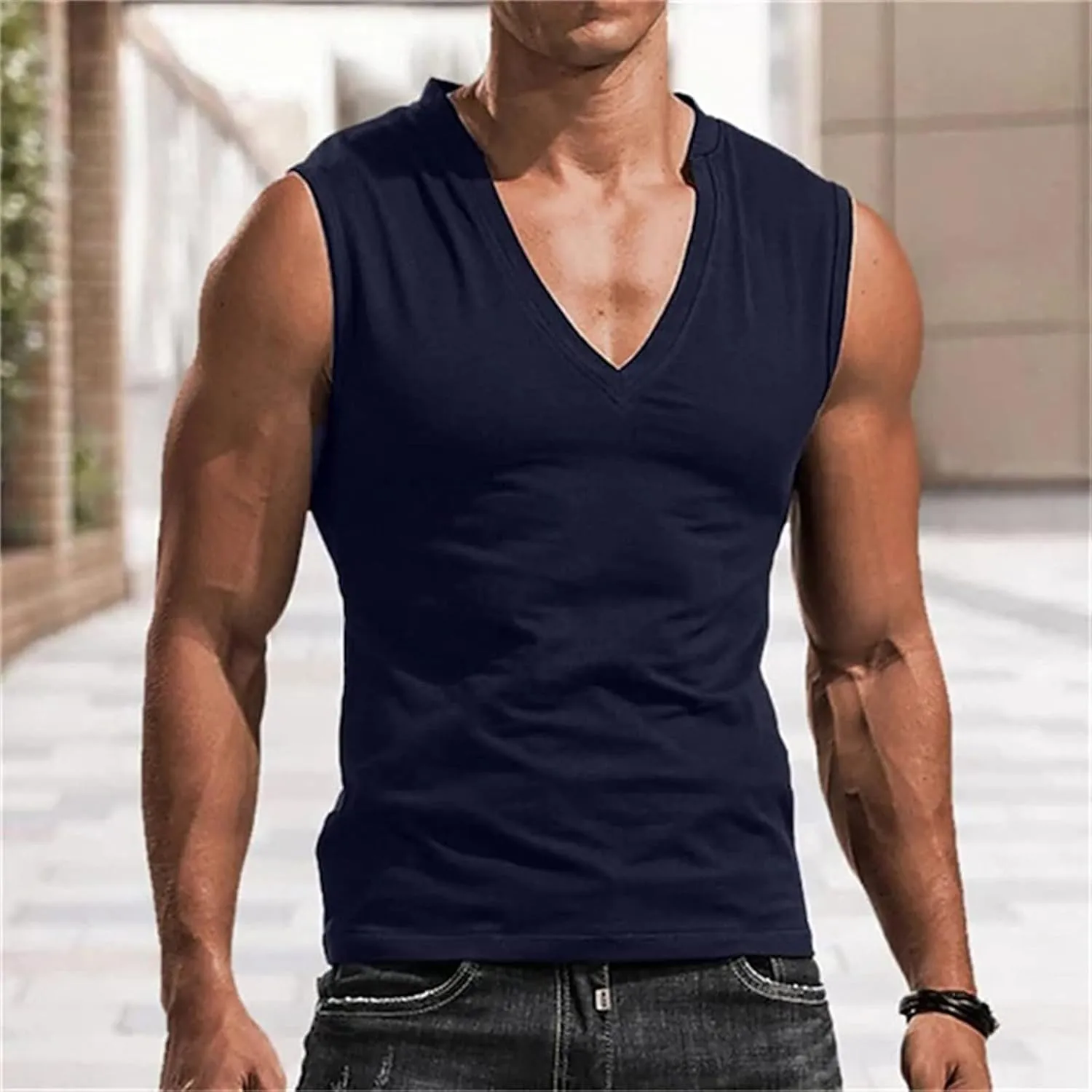 Mens Deep V Neck Tank Tops, Stretch Muscle Gym Workout Sleeveless Slim Fit Low Cut Tank Tops for Summer Beach