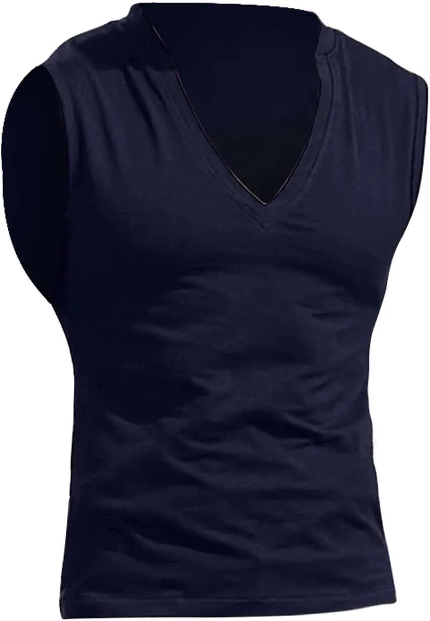 Mens Deep V Neck Tank Tops, Stretch Muscle Gym Workout Sleeveless Slim Fit Low Cut Tank Tops for Summer Beach