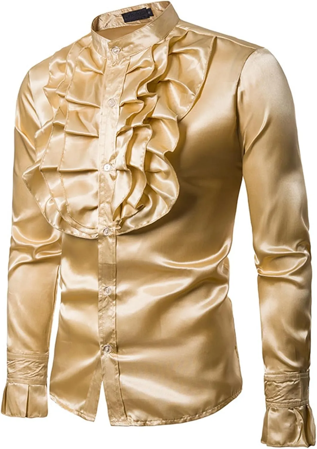Mens Dress Shirts Long Sleeve Ruffled Shirt Satin Silk Dancing Shirt Disco Button Down Tops for Party Prom Nightclub