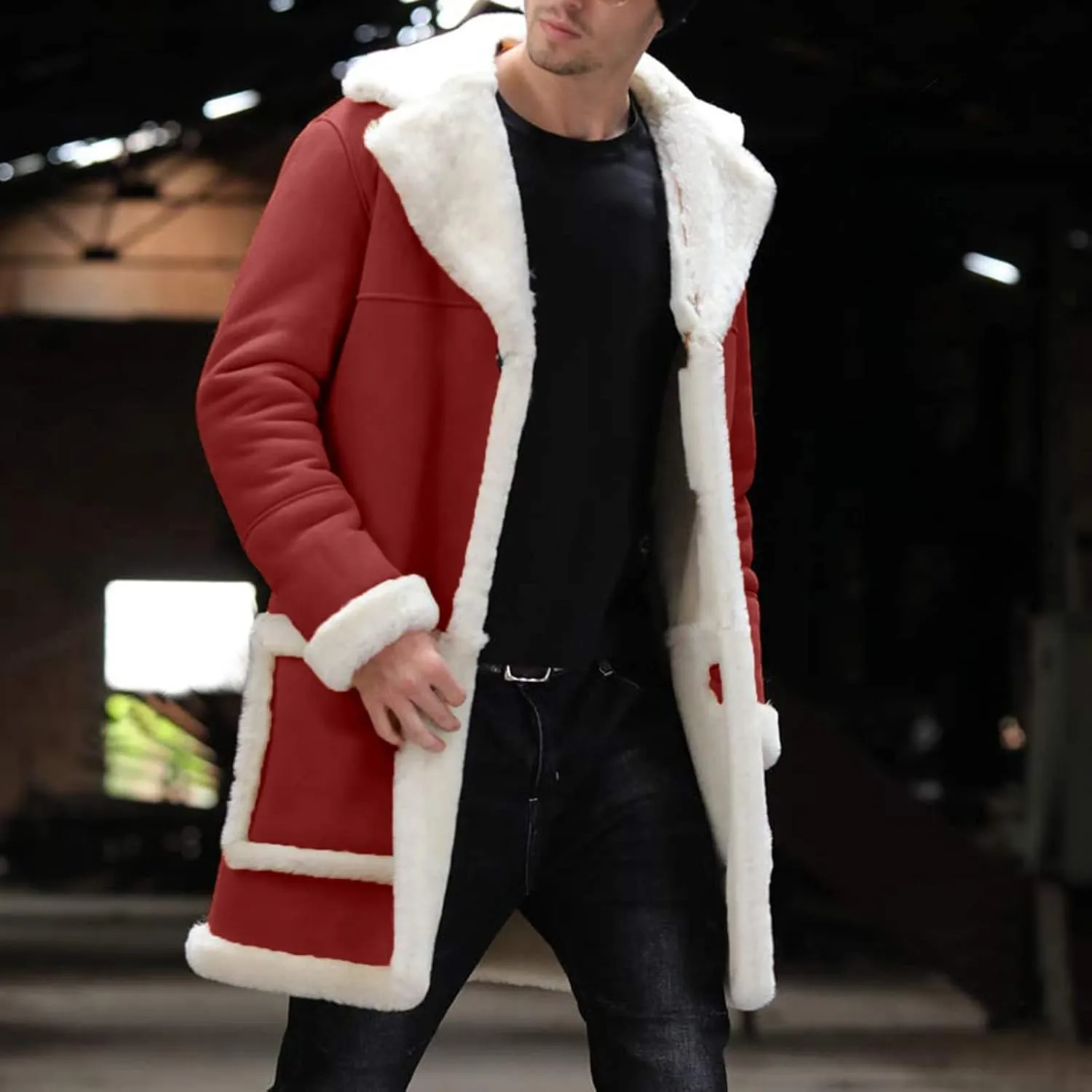 Mens Faux Leather Jacket Cozy Sherpa Fleece Lined Bomber Jackets Winter Coat Heavyweight Suede Faux Fur Trench Coat