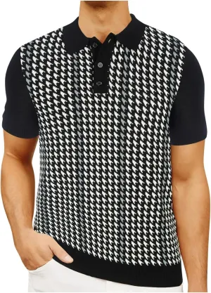 Mens Knit Jacquard Polo T-Shirt Retro Textured Golf Shirts Classic Fit Short Sleeve Casual Button Down Tees Tops