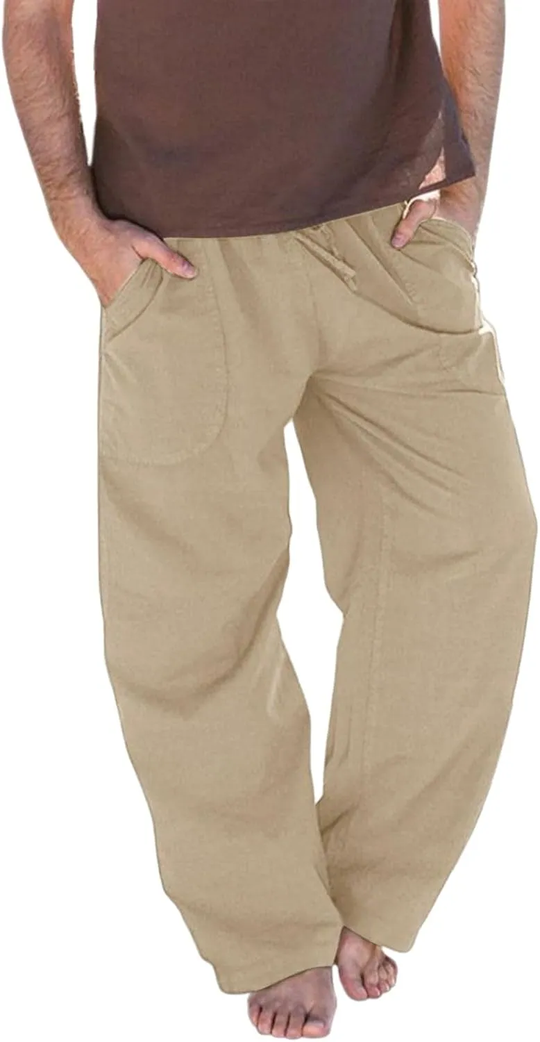 Mens Linen Straight Pants Drawstring Straight Elastic Waist Lightweight Casual Loose Pants Stretch Jogger Trousers