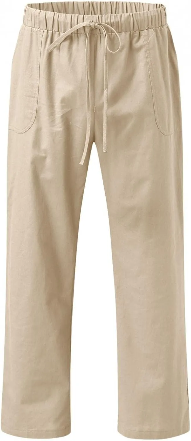 Mens Linen Straight Pants Drawstring Straight Elastic Waist Lightweight Casual Loose Pants Stretch Jogger Trousers
