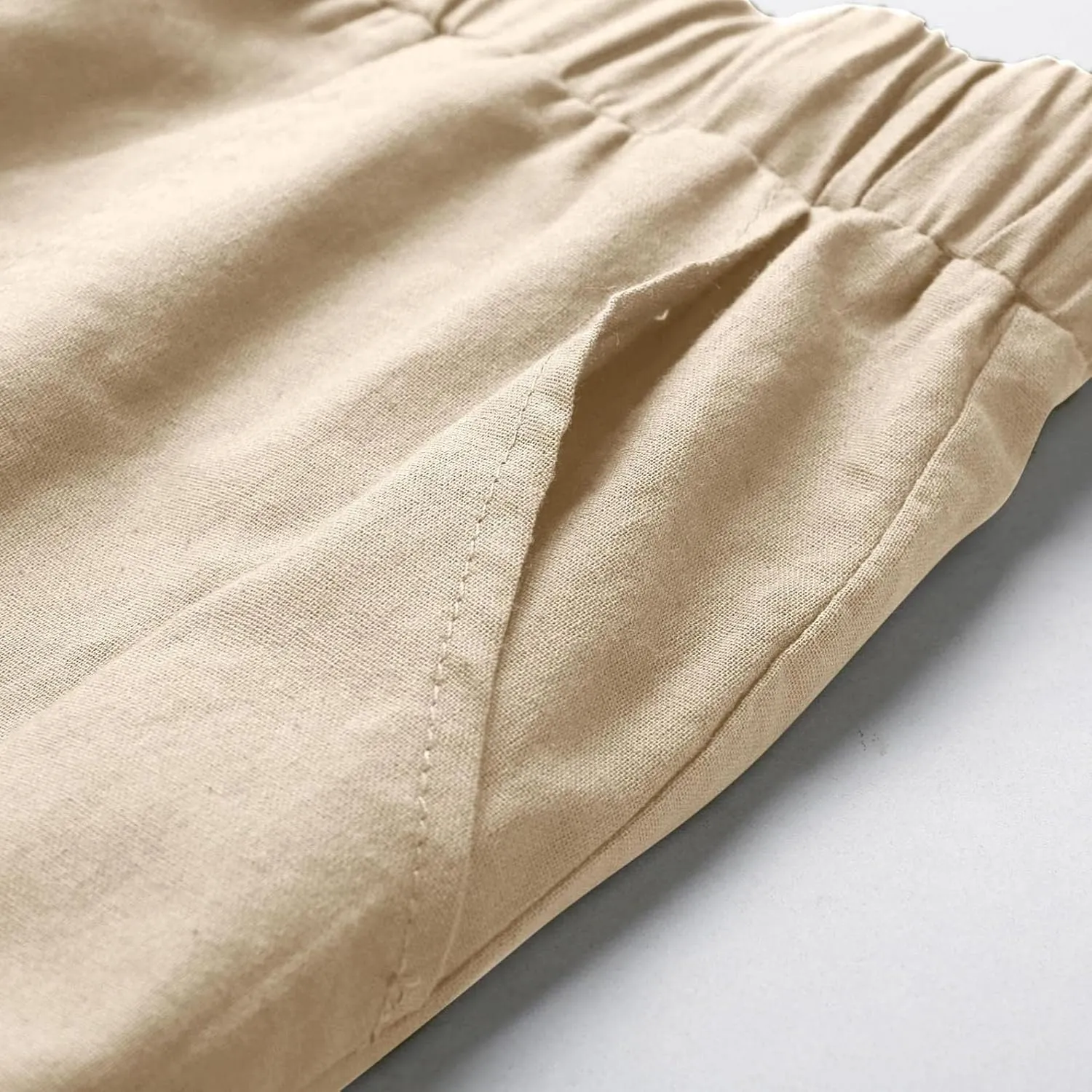 Mens Linen Straight Pants Drawstring Straight Elastic Waist Lightweight Casual Loose Pants Stretch Jogger Trousers