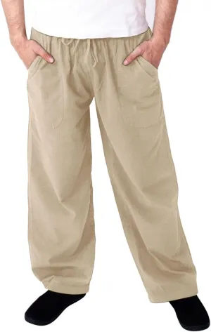 Mens Linen Straight Pants Drawstring Straight Elastic Waist Lightweight Casual Loose Pants Stretch Jogger Trousers