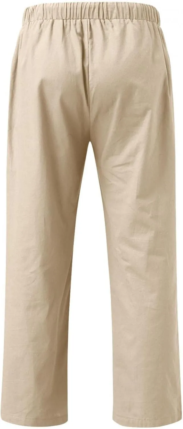 Mens Linen Straight Pants Drawstring Straight Elastic Waist Lightweight Casual Loose Pants Stretch Jogger Trousers