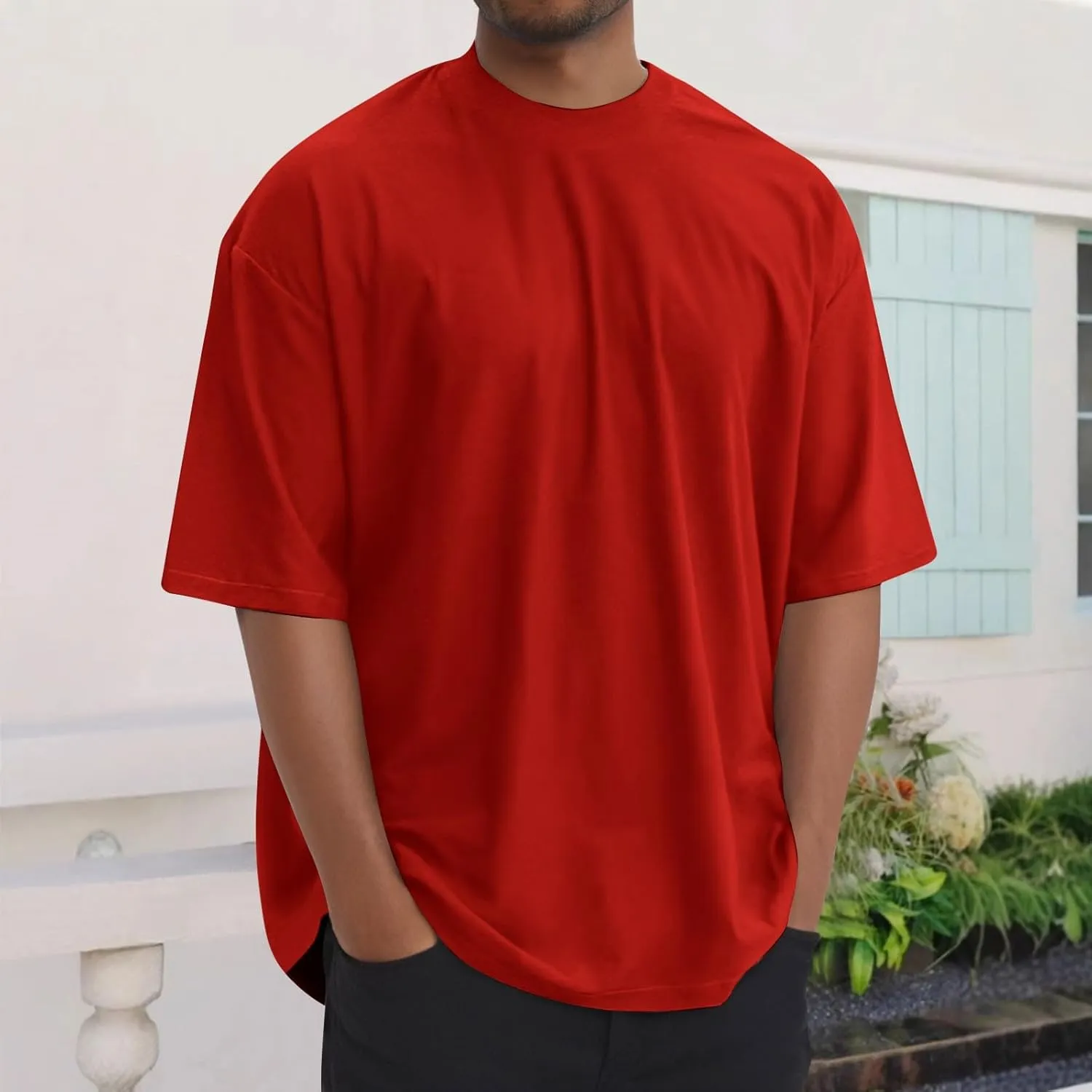 Mens Oversize Pullover Solid Color Casual Tees Fashion Drop Shoulder Short Sleeve Tshirts