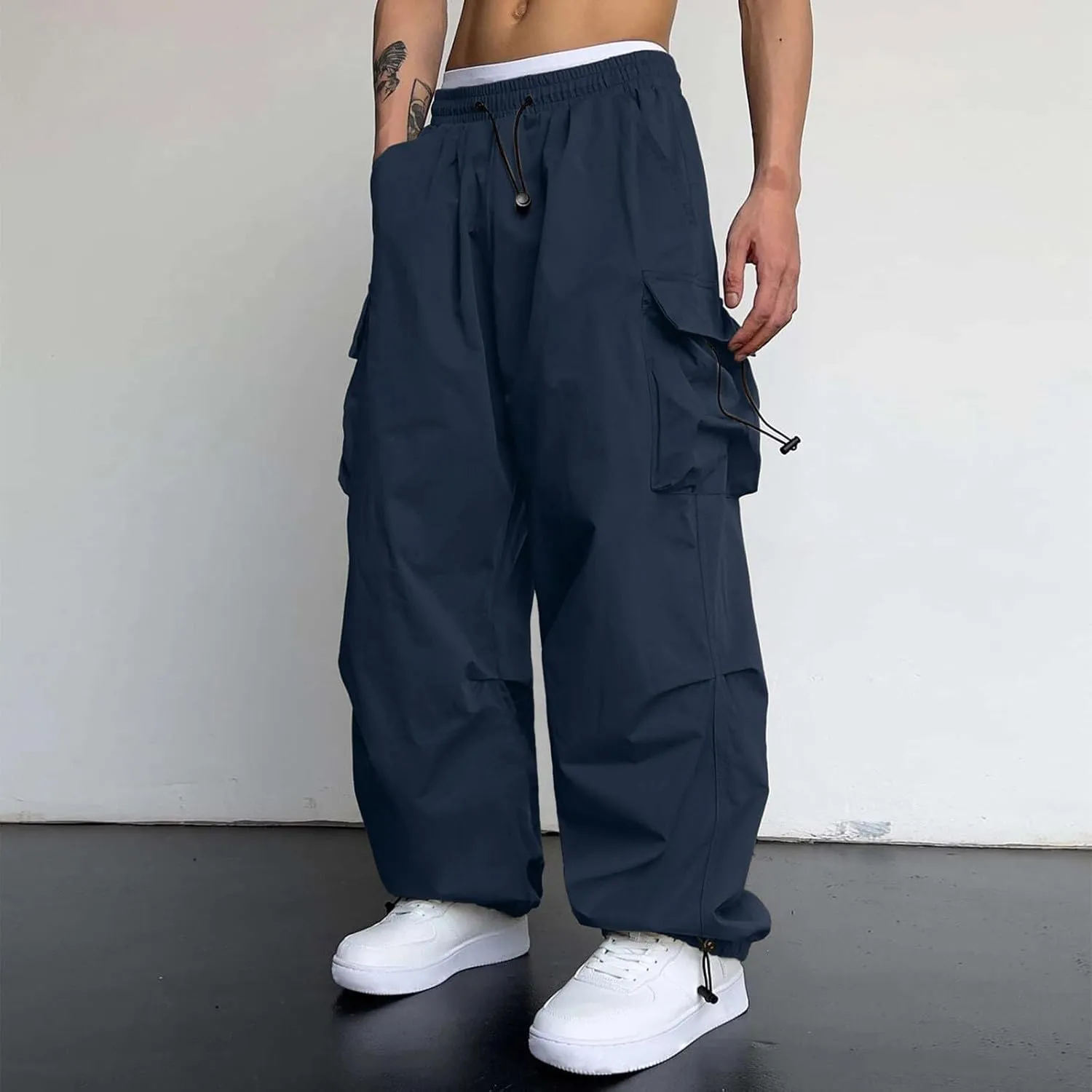 Mens Parachute Cargo Pants Casual Stretch Drawstring Pant Hip Hop Pant Multi Pockets