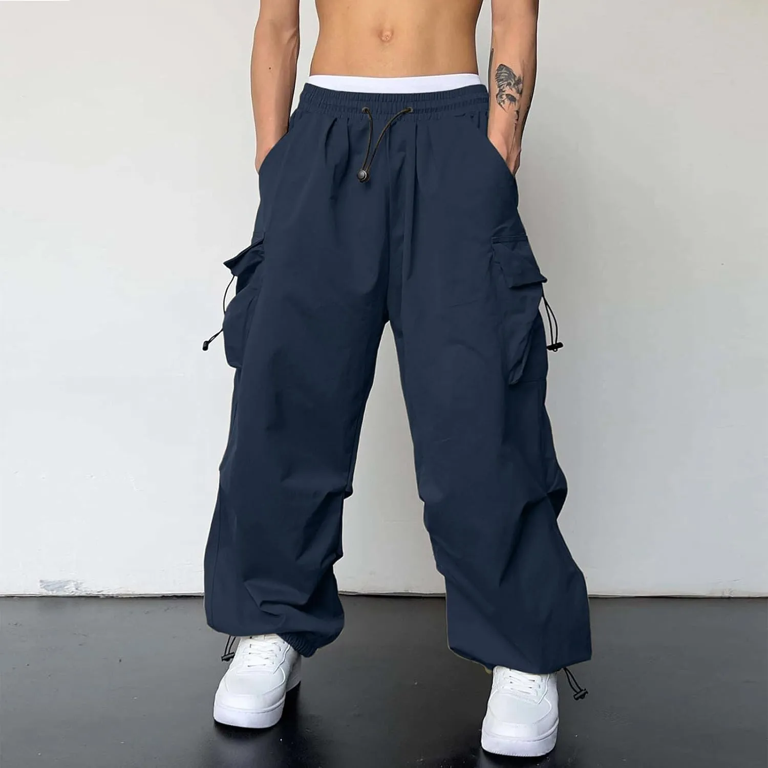Mens Parachute Cargo Pants Casual Stretch Drawstring Pant Hip Hop Pant Multi Pockets
