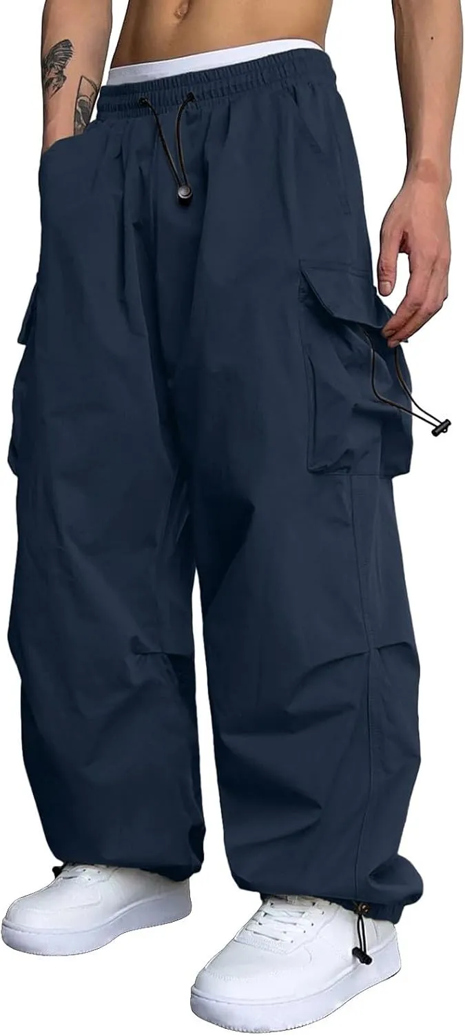Mens Parachute Cargo Pants Casual Stretch Drawstring Pant Hip Hop Pant Multi Pockets