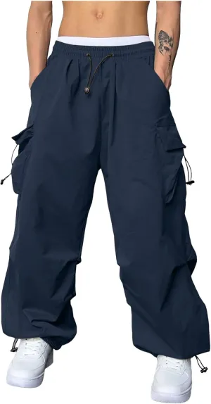 Mens Parachute Cargo Pants Casual Stretch Drawstring Pant Hip Hop Pant Multi Pockets