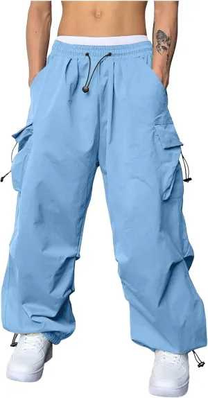 Mens Parachute Cargo Pants Casual Stretch Drawstring Pant Hip Hop Pant Multi Pockets