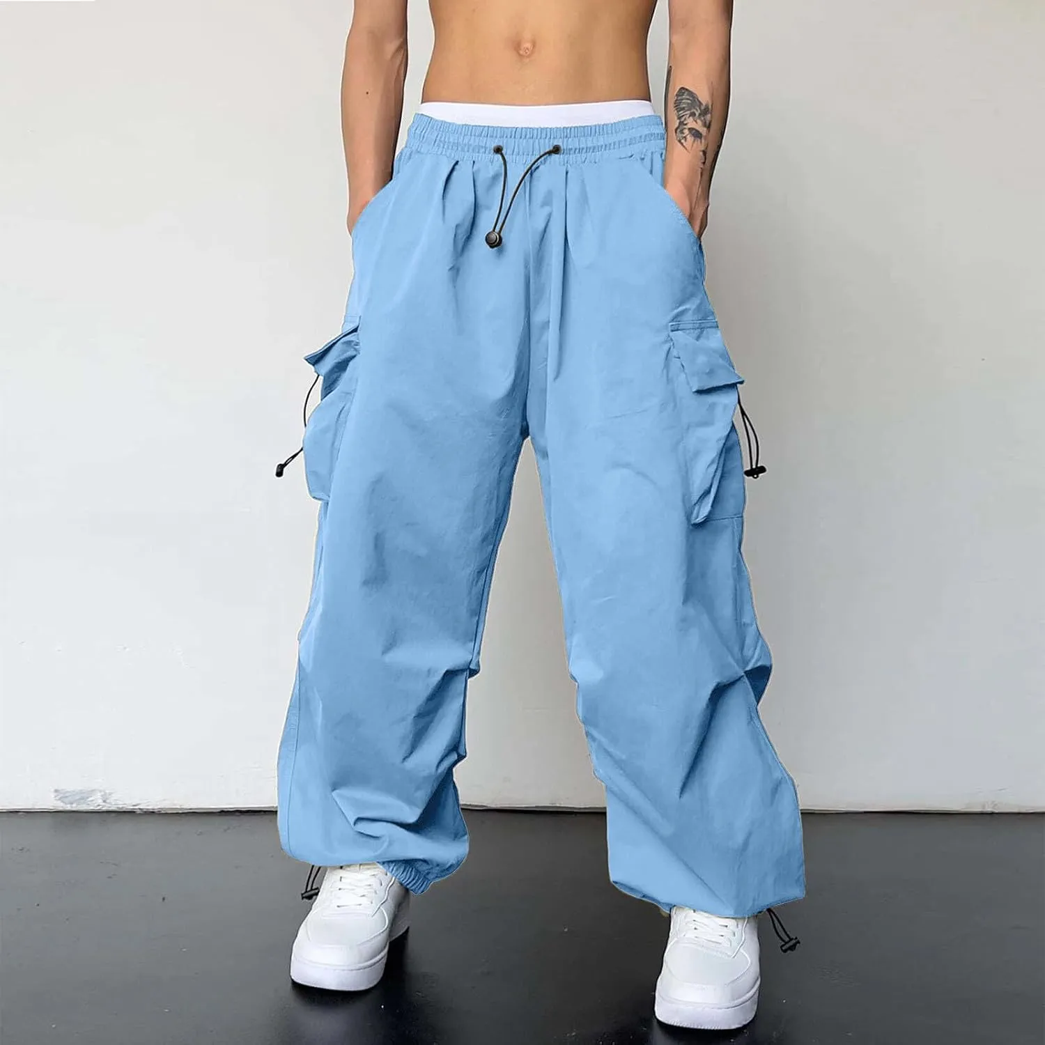 Mens Parachute Cargo Pants Casual Stretch Drawstring Pant Hip Hop Pant Multi Pockets