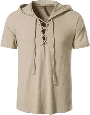 Mens Pirate Short Sleeve Shirts Summer Lace up Vintage Hooded Cotton Linen Renaissance Medieval Tops Beach Shirts