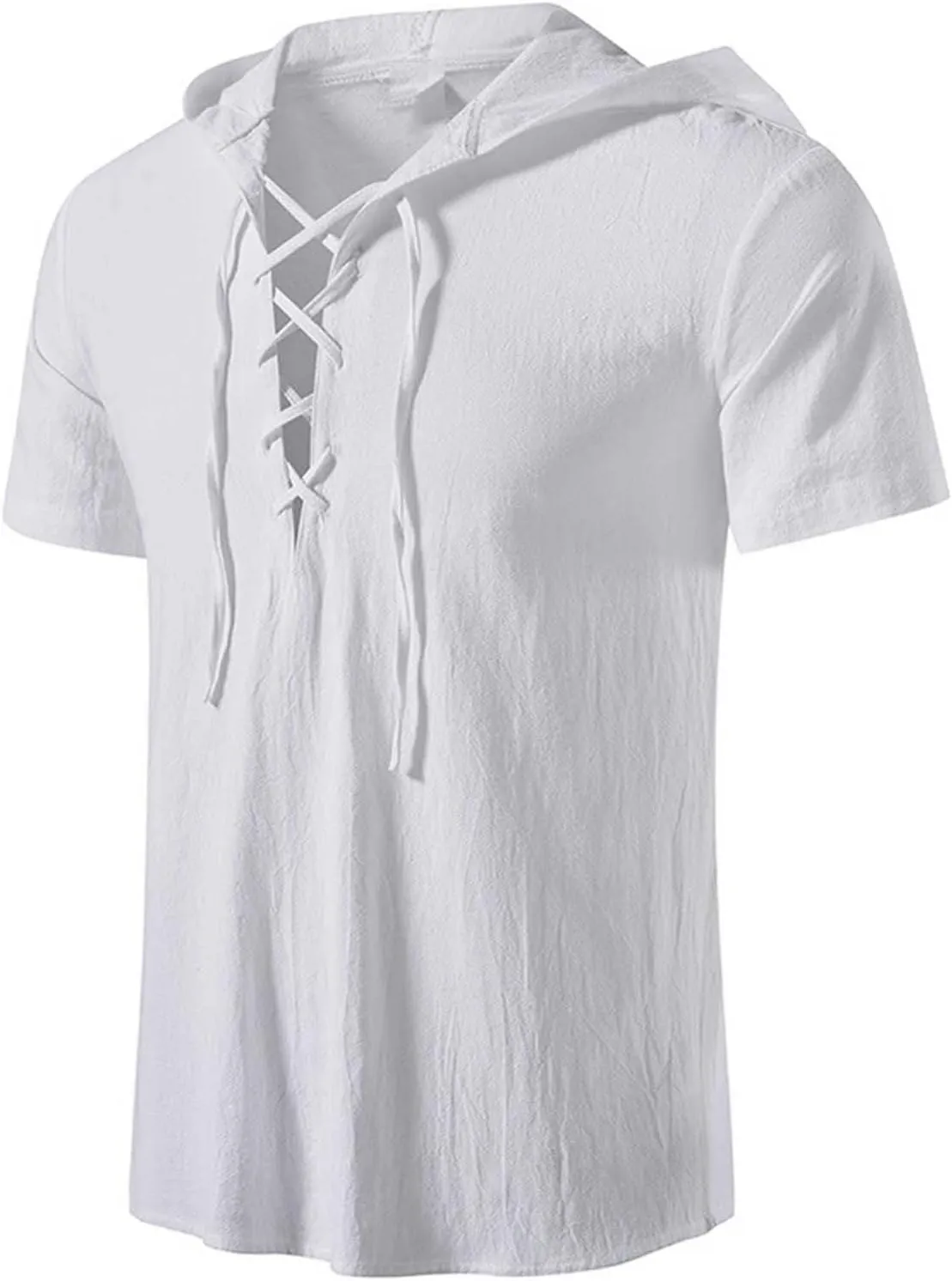 Mens Pirate Short Sleeve Shirts Summer Lace up Vintage Hooded Cotton Linen Renaissance Medieval Tops Beach Shirts