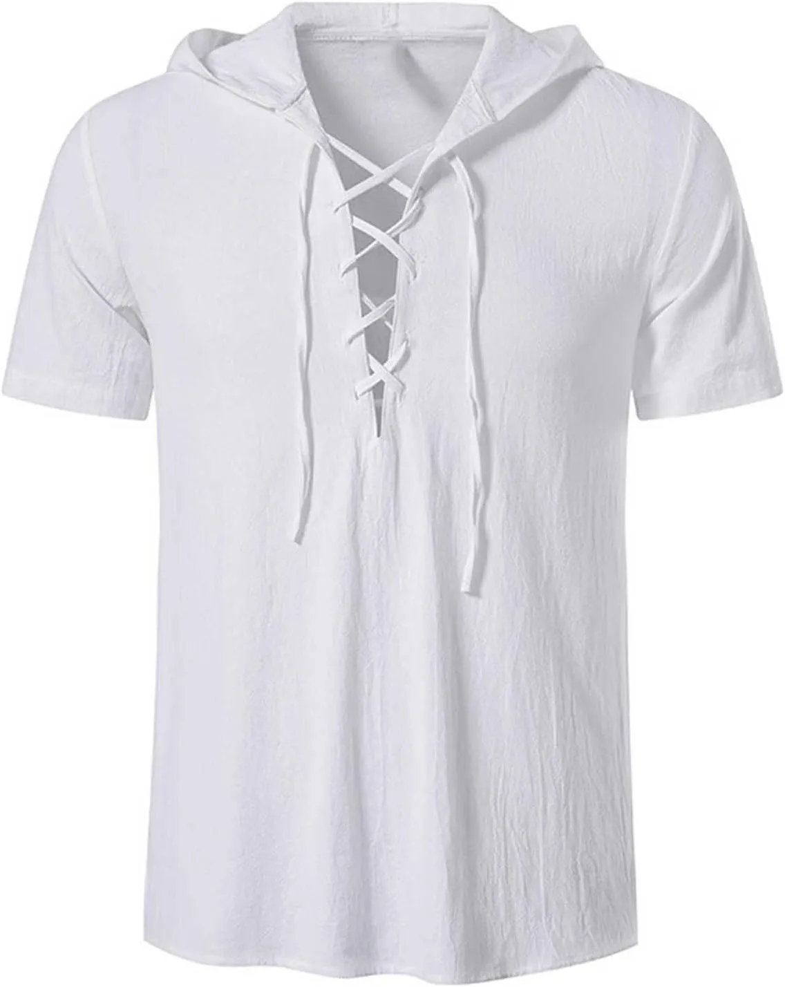 Mens Pirate Short Sleeve Shirts Summer Lace up Vintage Hooded Cotton Linen Renaissance Medieval Tops Beach Shirts