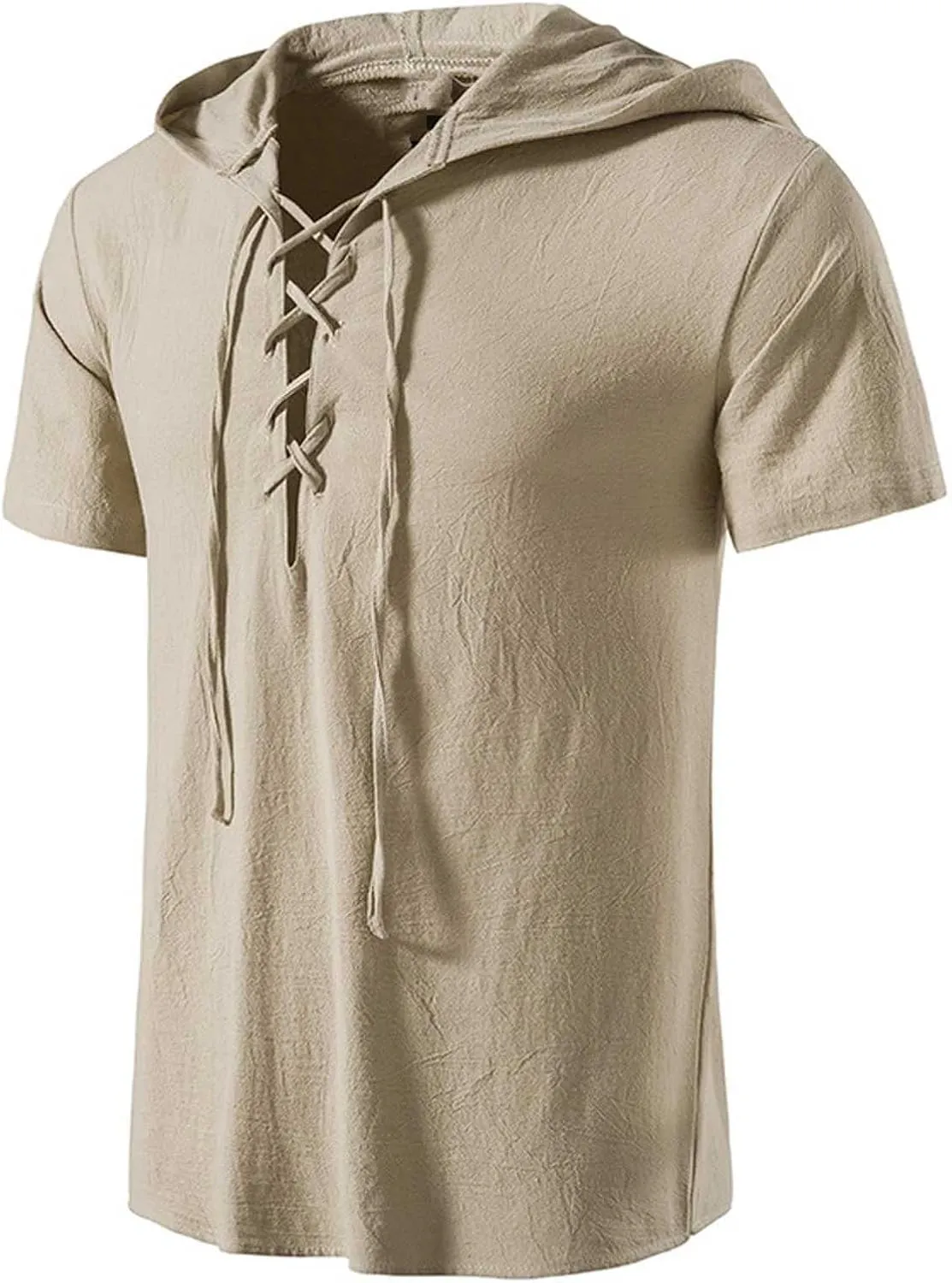 Mens Pirate Short Sleeve Shirts Summer Lace up Vintage Hooded Cotton Linen Renaissance Medieval Tops Beach Shirts