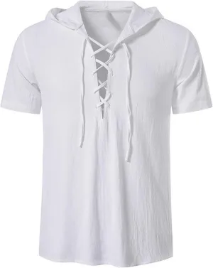Mens Pirate Short Sleeve Shirts Summer Lace up Vintage Hooded Cotton Linen Renaissance Medieval Tops Beach Shirts