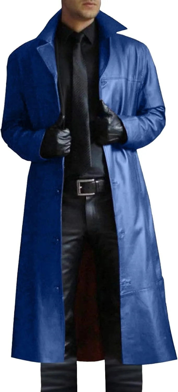 Mens Retro Black Leather Jacket Long Steampunk Trench Coat German Faux Leather Coat Military Officer Uniform Overcoat