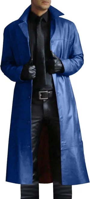Mens Retro Black Leather Jacket Long Steampunk Trench Coat German Faux Leather Coat Military Officer Uniform Overcoat