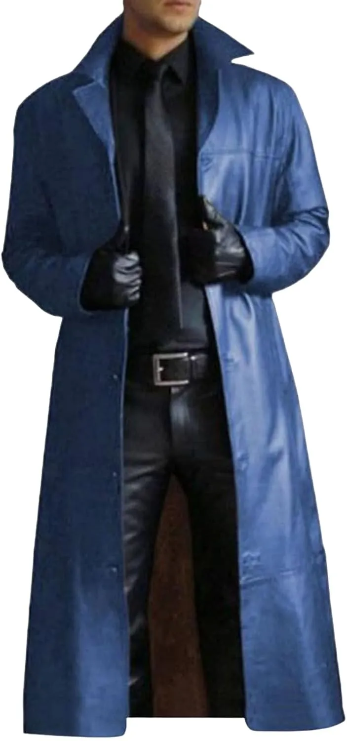 Mens Retro Black Leather Jacket Long Steampunk Trench Coat German Faux Leather Coat Military Officer Uniform Overcoat