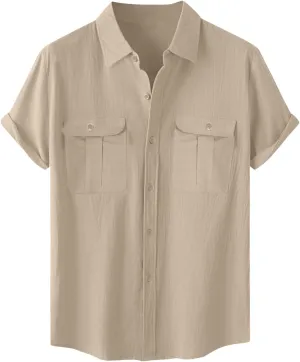 Men's Shirts Casual Cotton Linen Button Down T-Shirt Summer Fashion Short Sleeve Solid Linen Shirt Loose Fit Tops