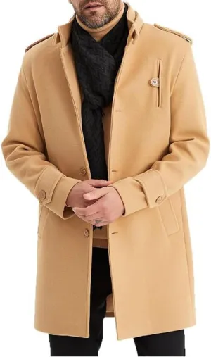 Mens Slim Fit Trench Coat Stand Collar Casual Single Breasted Pea Coats Fall Winter Overcoat for Men