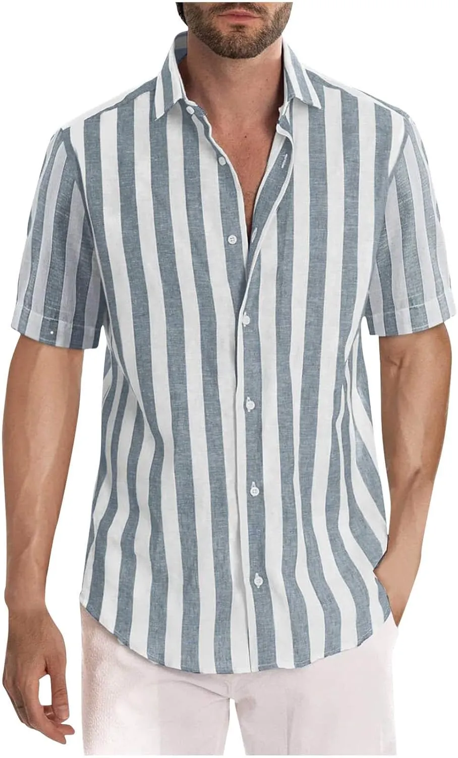 Mens Striped Button Shirts Fashion Casual Short Sleeve Button Up Shirts Loose Comfy Turndown Collar Blouse