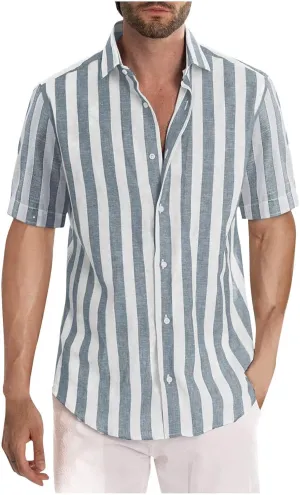 Mens Striped Button Shirts Fashion Casual Short Sleeve Button Up Shirts Loose Comfy Turndown Collar Blouse