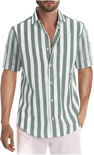 Mens Striped Button Shirts Fashion Casual Short Sleeve Button Up Shirts Loose Comfy Turndown Collar Blouse