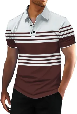 Men's Striped Polo Shirt Short Sleeve Casual Collared Golf Tennis Shirts Classic Slim Fit T-Shirts for Men