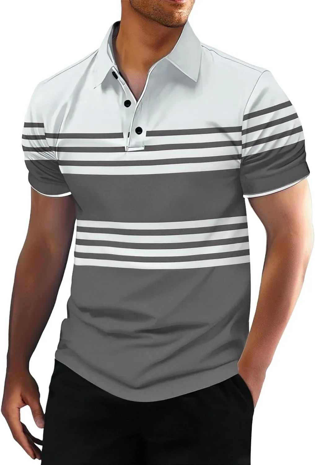 Men's Striped Polo Shirt Short Sleeve Casual Collared Golf Tennis Shirts Classic Slim Fit T-Shirts for Men