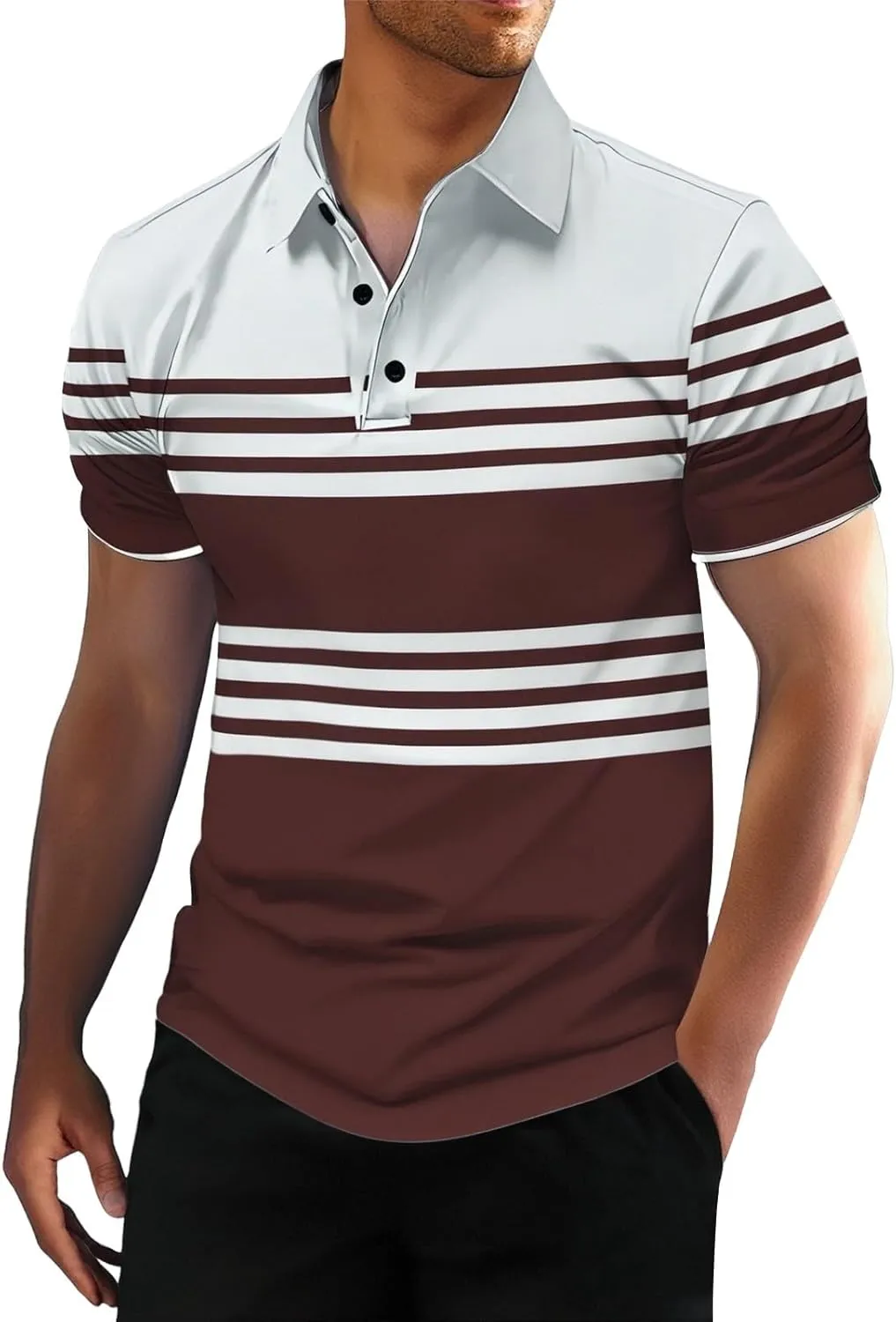 Men's Striped Polo Shirt Short Sleeve Casual Collared Golf Tennis Shirts Classic Slim Fit T-Shirts for Men