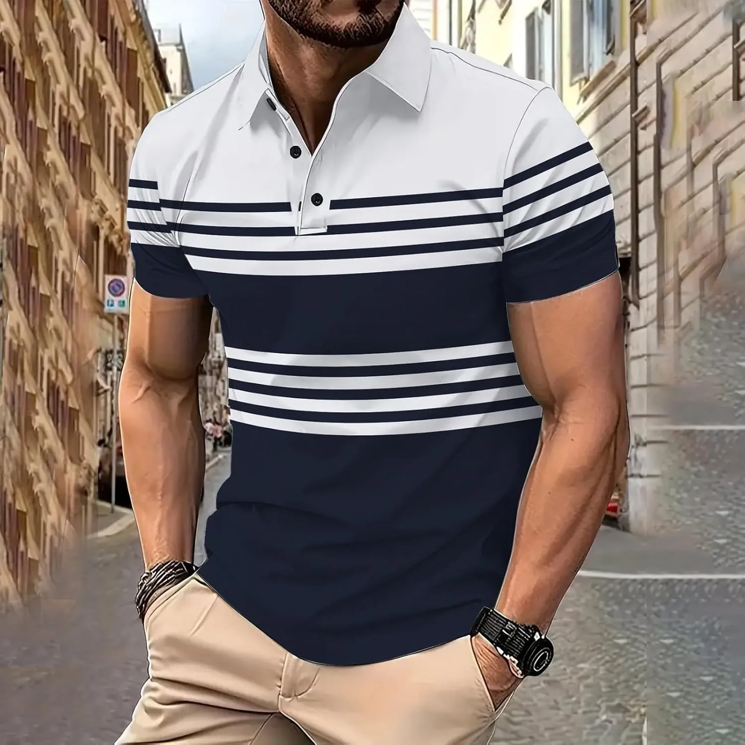 Men's Striped Polo Shirt Short Sleeve Casual Collared Golf Tennis Shirts Classic Slim Fit T-Shirts for Men