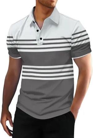 Men's Striped Polo Shirt Short Sleeve Casual Collared Golf Tennis Shirts Classic Slim Fit T-Shirts for Men