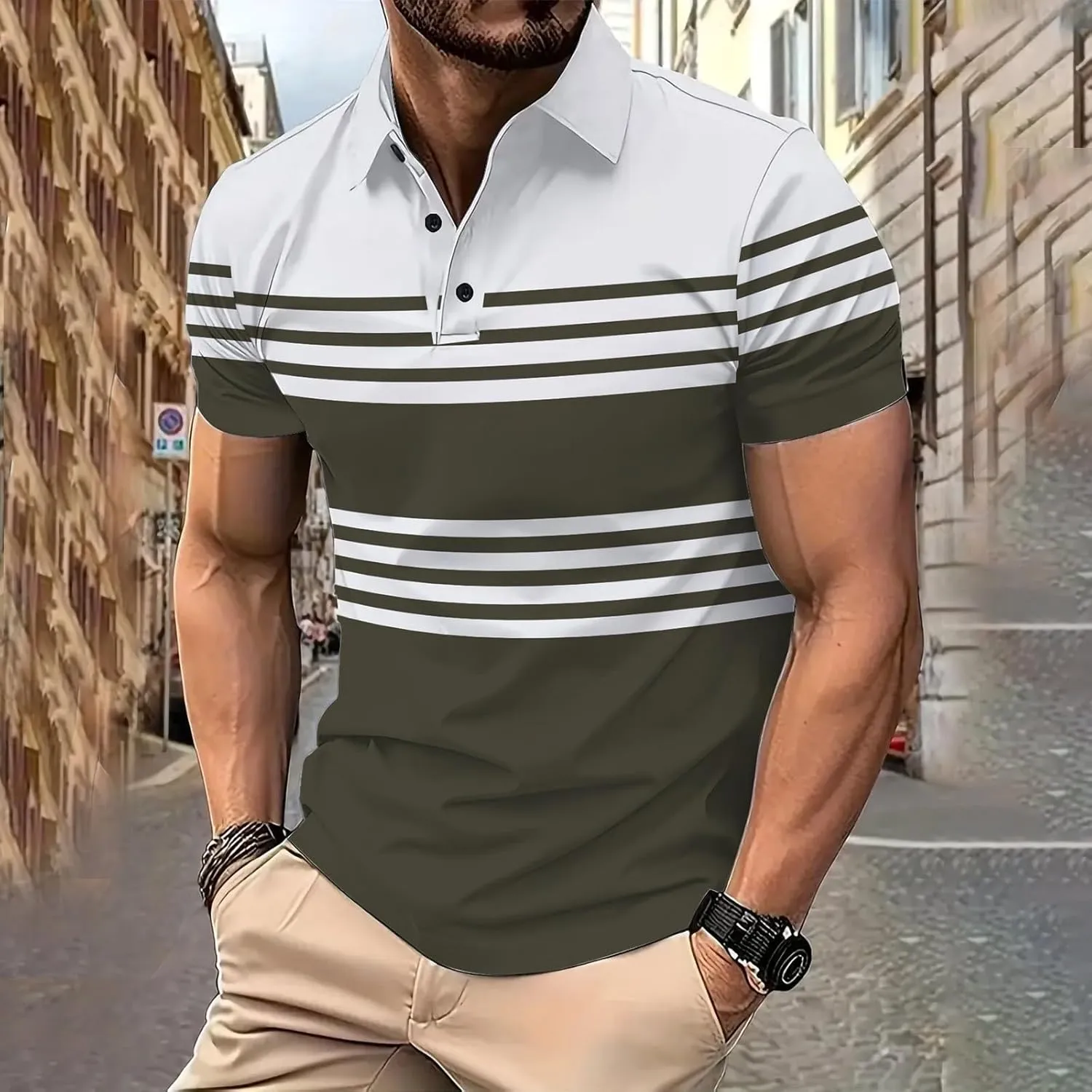 Men's Striped Polo Shirt Short Sleeve Casual Collared Golf Tennis Shirts Classic Slim Fit T-Shirts for Men