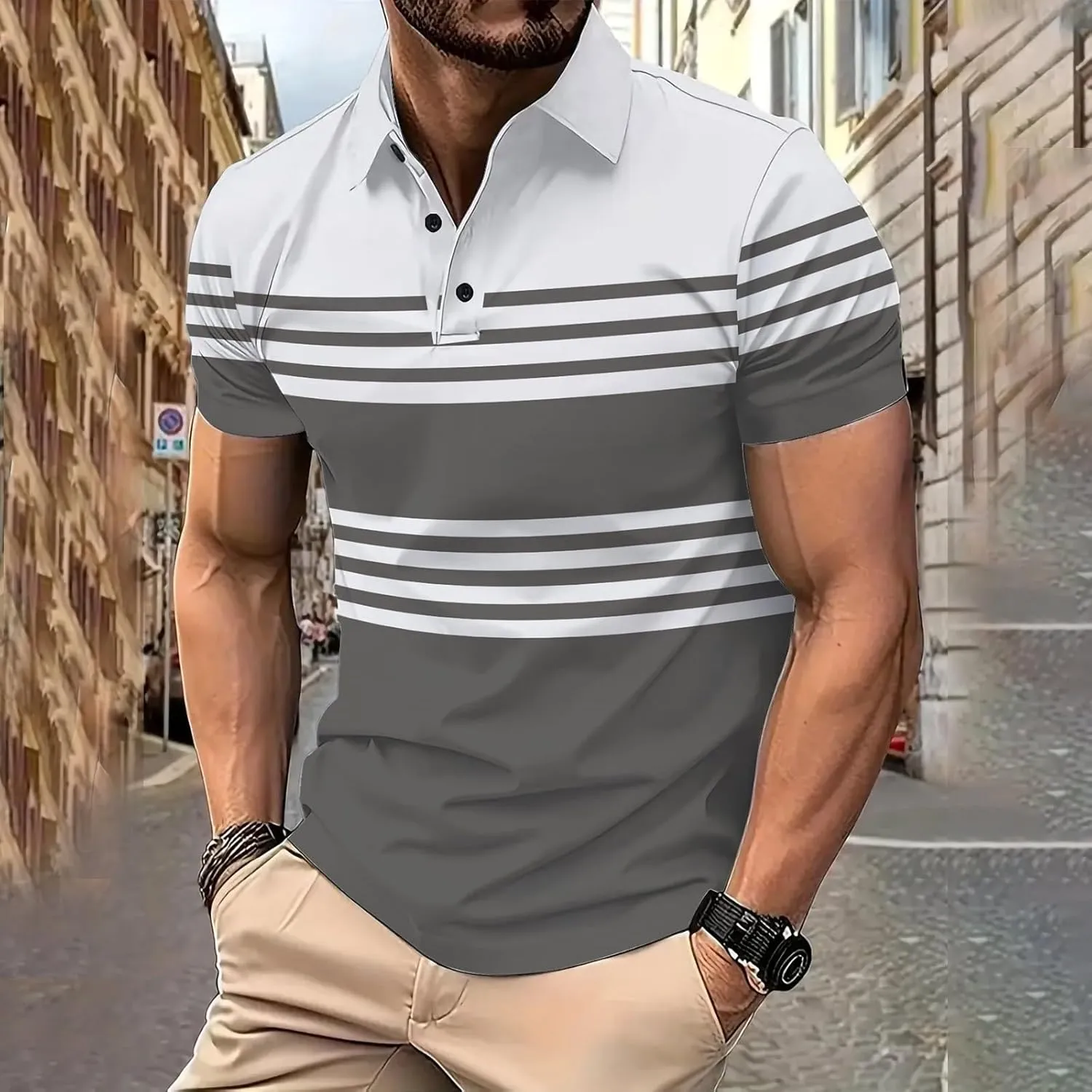 Men's Striped Polo Shirt Short Sleeve Casual Collared Golf Tennis Shirts Classic Slim Fit T-Shirts for Men